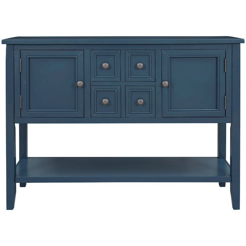 Buffet bahut en bois d'acacia avec 4 tiroirs et 2 placards, couleurs espresso/bleu marine clair/blanc/blanc calcaire/gris antique - usage unique