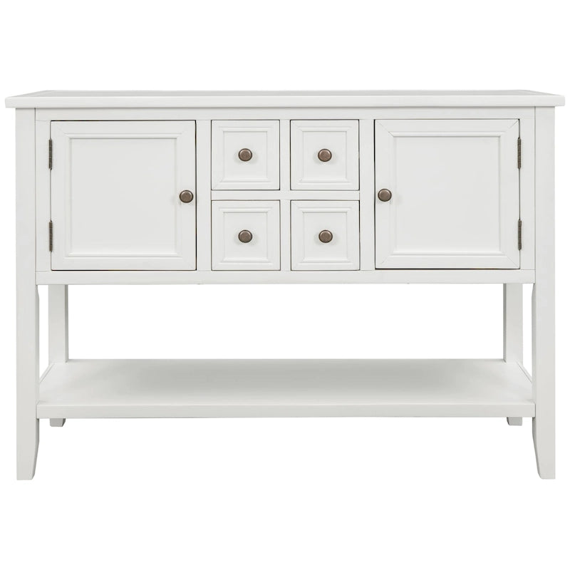 Buffet bahut en bois d'acacia avec 4 tiroirs et 2 placards, couleurs espresso/bleu marine clair/blanc/blanc calcaire/gris antique - usage unique