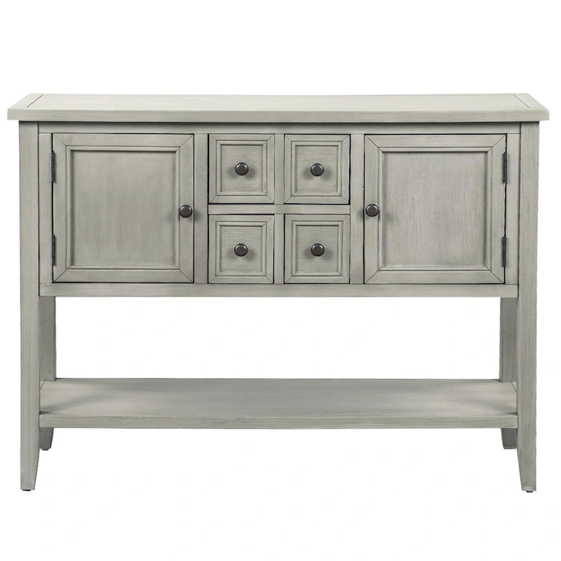 Buffet bahut en bois d'acacia avec 4 tiroirs et 2 placards, couleurs espresso/bleu marine clair/blanc/blanc calcaire/gris antique - usage unique