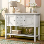 Buffet bahut en bois d'acacia avec 4 tiroirs et 2 placards, couleurs espresso/bleu marine clair/blanc/blanc calcaire/gris antique - usage unique