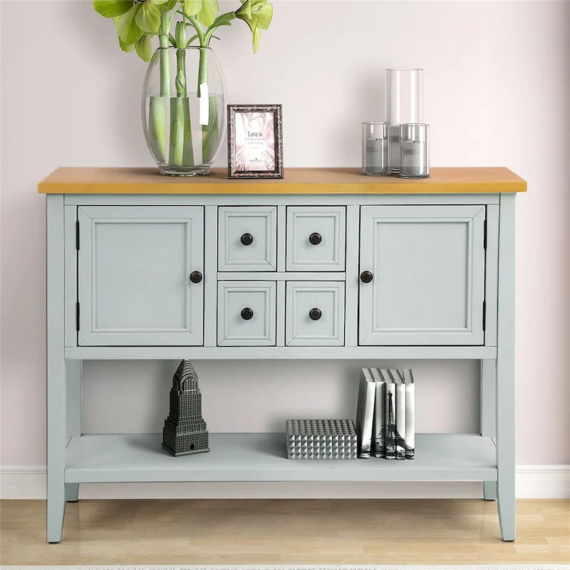 Buffet bahut en bois d'acacia avec 4 tiroirs et 2 placards, couleurs espresso/bleu marine clair/blanc/blanc calcaire/gris antique - usage unique