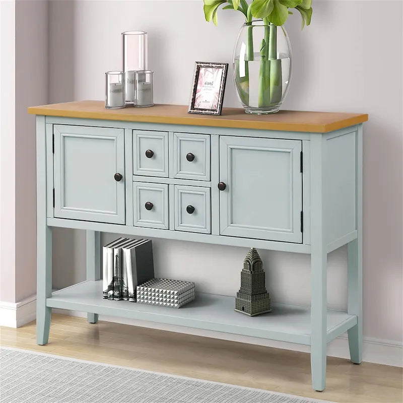 Buffet bahut en bois d'acacia avec 4 tiroirs et 2 placards, couleurs espresso/bleu marine clair/blanc/blanc calcaire/gris antique - usage unique