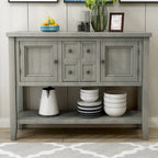 Buffet bahut en bois d'acacia avec 4 tiroirs et 2 placards, couleurs espresso/bleu marine clair/blanc/blanc calcaire/gris antique - usage unique