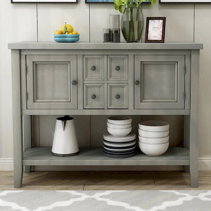 Buffet bahut en bois d'acacia avec 4 tiroirs et 2 placards, couleurs espresso/bleu marine clair/blanc/blanc calcaire/gris antique - usage unique