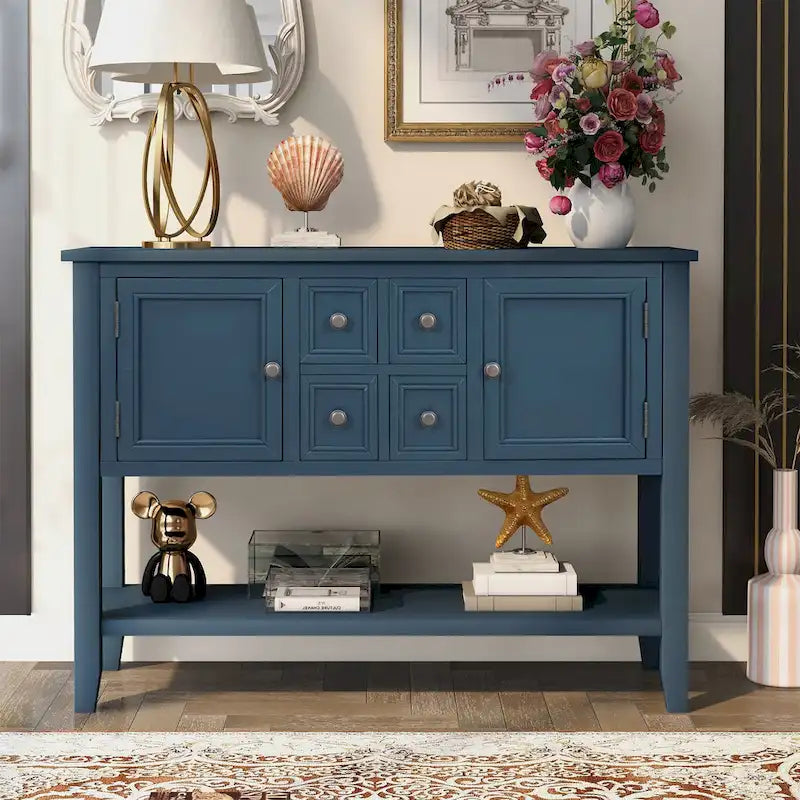 Buffet bahut en bois d'acacia avec 4 tiroirs et 2 placards, couleurs espresso/bleu marine clair/blanc/blanc calcaire/gris antique - usage unique