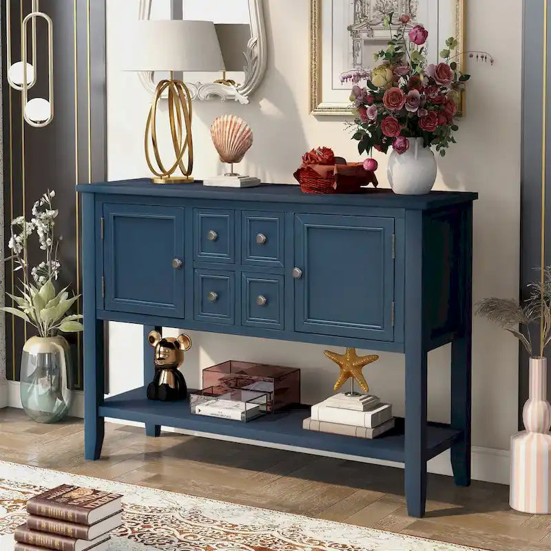 Buffet bahut en bois d'acacia avec 4 tiroirs et 2 placards, couleurs espresso/bleu marine clair/blanc/blanc calcaire/gris antique - usage unique