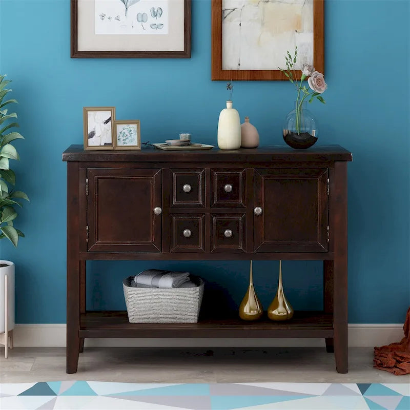 Buffet bahut en bois d'acacia avec 4 tiroirs et 2 placards, couleurs espresso/bleu marine clair/blanc/blanc calcaire/gris antique - usage unique