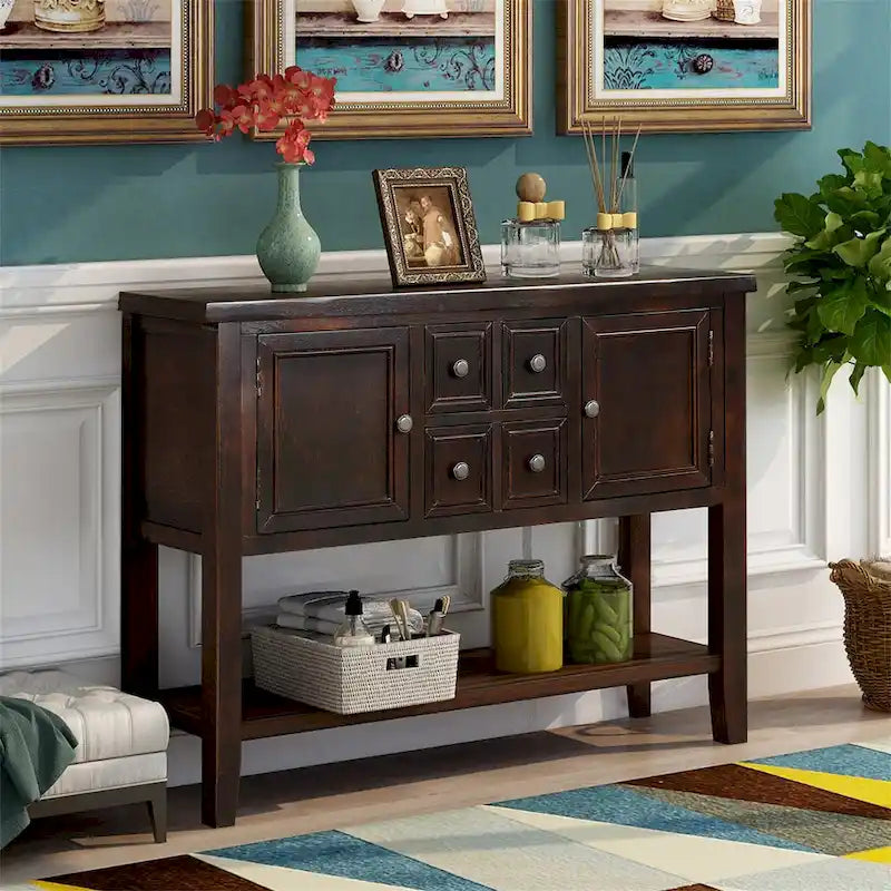 Buffet bahut en bois d'acacia avec 4 tiroirs et 2 placards, couleurs espresso/bleu marine clair/blanc/blanc calcaire/gris antique - usage unique