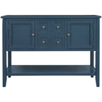 Buffet bahut en bois d'acacia avec 4 tiroirs et 2 placards, couleurs espresso/bleu marine clair/blanc/blanc calcaire/gris antique - usage unique