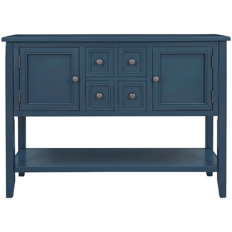 Buffet bahut en bois d'acacia avec 4 tiroirs et 2 placards, couleurs espresso/bleu marine clair/blanc/blanc calcaire/gris antique - usage unique