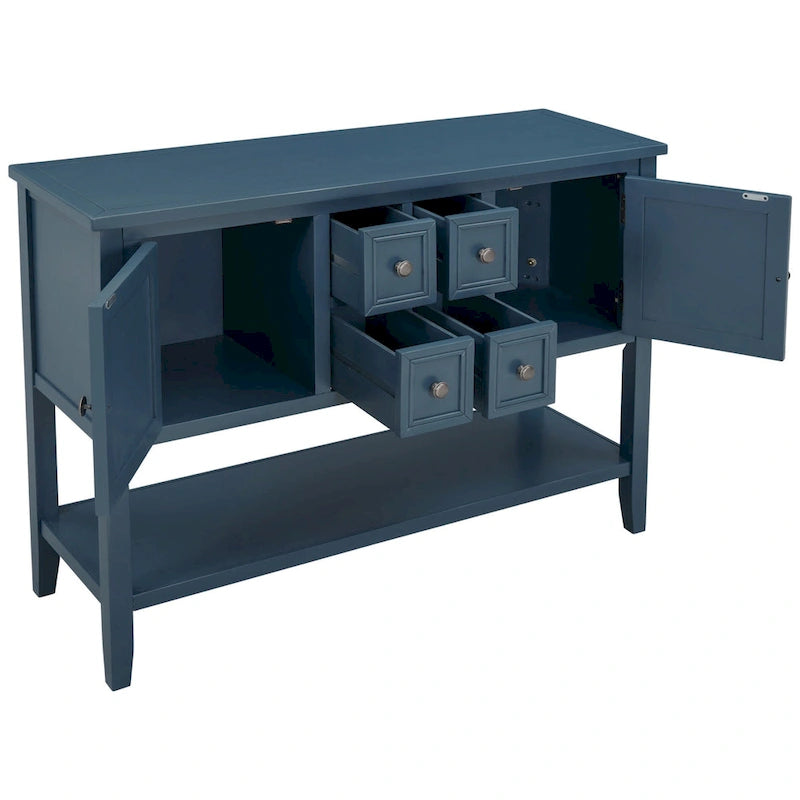 Buffet bahut en bois d'acacia avec 4 tiroirs et 2 placards, couleurs espresso/bleu marine clair/blanc/blanc calcaire/gris antique - usage unique