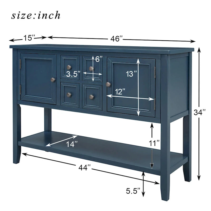 Buffet bahut en bois d'acacia avec 4 tiroirs et 2 placards, couleurs espresso/bleu marine clair/blanc/blanc calcaire/gris antique - usage unique