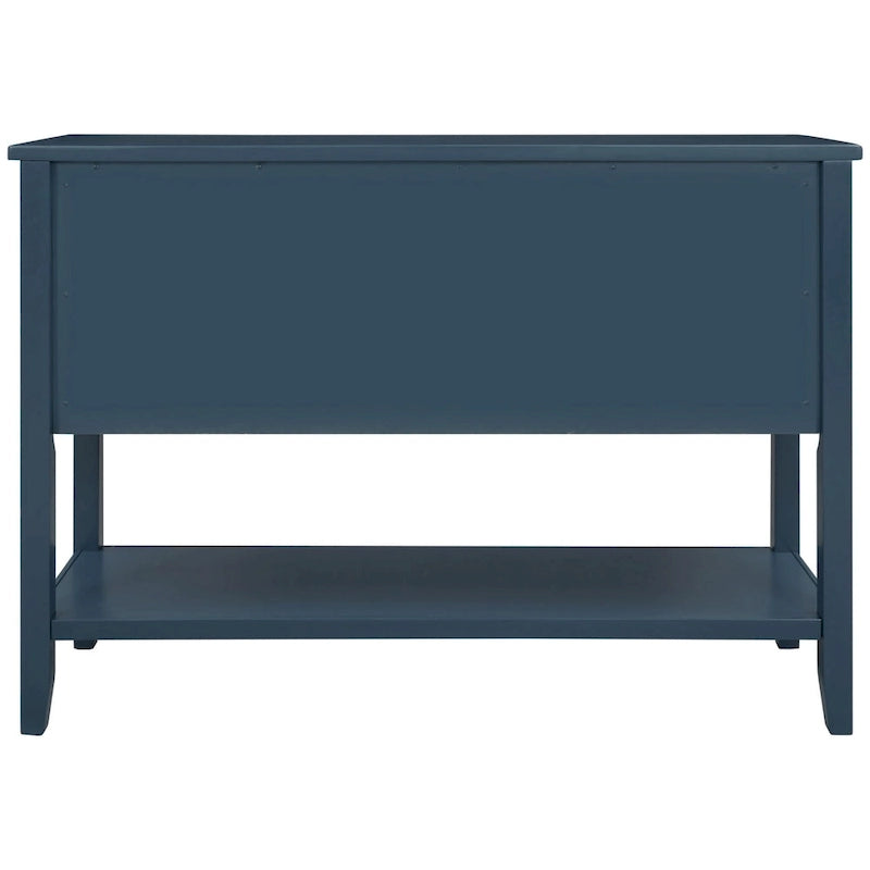 Buffet bahut en bois d'acacia avec 4 tiroirs et 2 placards, couleurs espresso/bleu marine clair/blanc/blanc calcaire/gris antique - usage unique
