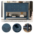 Buffet bahut en bois d'acacia avec 4 tiroirs et 2 placards, couleurs espresso/bleu marine clair/blanc/blanc calcaire/gris antique - usage unique