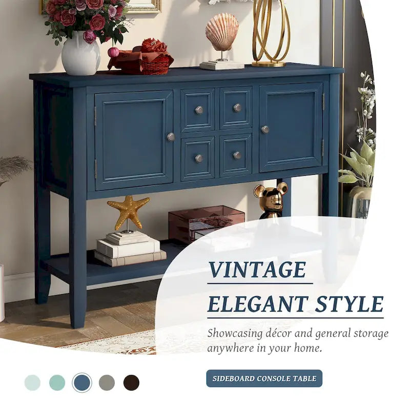 Buffet bahut en bois d'acacia avec 4 tiroirs et 2 placards, couleurs espresso/bleu marine clair/blanc/blanc calcaire/gris antique - usage unique