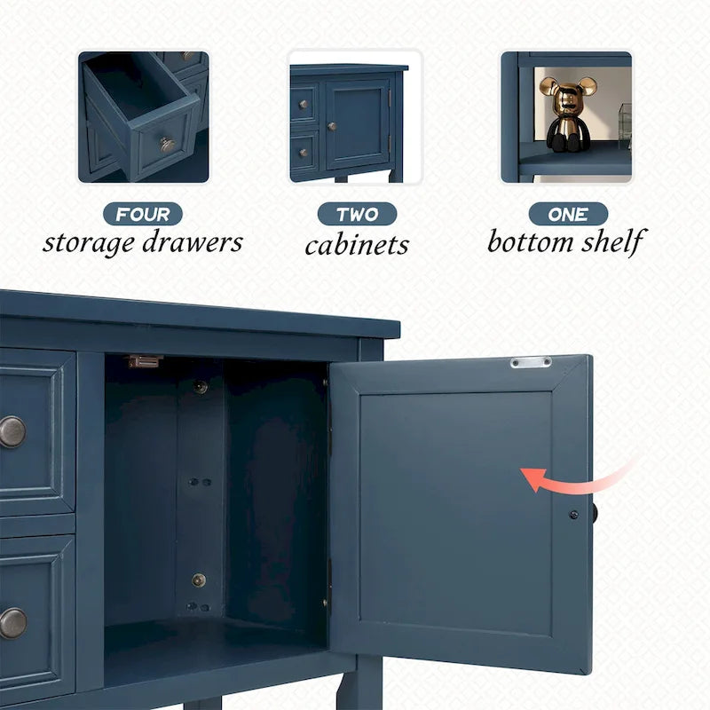 Buffet bahut en bois d'acacia avec 4 tiroirs et 2 placards, couleurs espresso/bleu marine clair/blanc/blanc calcaire/gris antique - usage unique