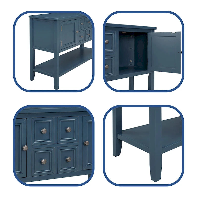 Buffet bahut en bois d'acacia avec 4 tiroirs et 2 placards, couleurs espresso/bleu marine clair/blanc/blanc calcaire/gris antique - usage unique