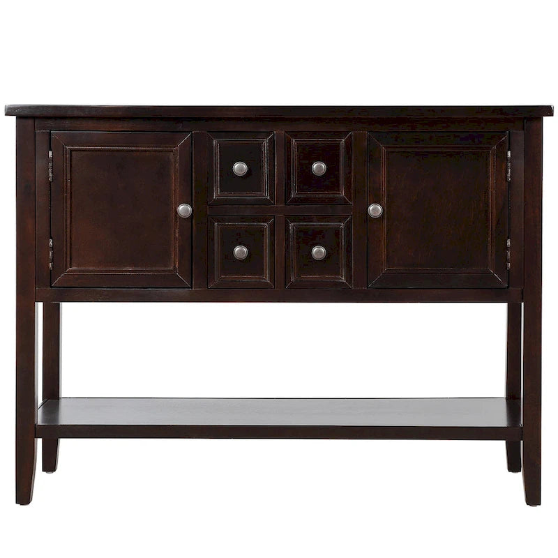 Buffet bahut en bois d'acacia avec 4 tiroirs et 2 placards, couleurs espresso/bleu marine clair/blanc/blanc calcaire/gris antique - usage unique