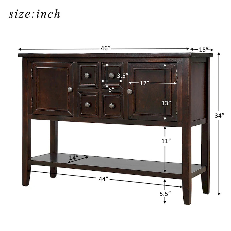 Buffet bahut en bois d'acacia avec 4 tiroirs et 2 placards, couleurs espresso/bleu marine clair/blanc/blanc calcaire/gris antique - usage unique