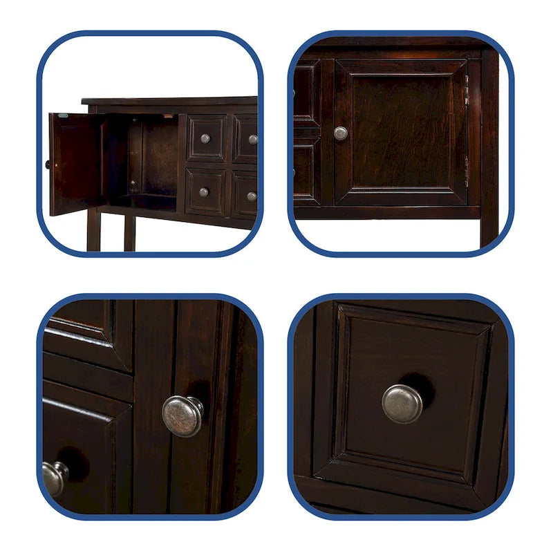Buffet bahut en bois d'acacia avec 4 tiroirs et 2 placards, couleurs espresso/bleu marine clair/blanc/blanc calcaire/gris antique - usage unique