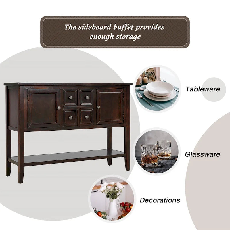 Buffet bahut en bois d'acacia avec 4 tiroirs et 2 placards, couleurs espresso/bleu marine clair/blanc/blanc calcaire/gris antique - usage unique