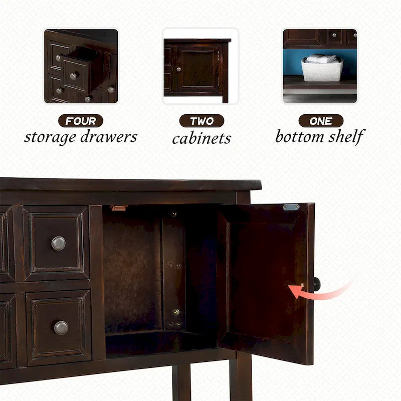 Buffet bahut en bois d'acacia avec 4 tiroirs et 2 placards, couleurs espresso/bleu marine clair/blanc/blanc calcaire/gris antique - usage unique