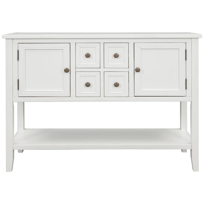 Buffet bahut en bois d'acacia avec 4 tiroirs et 2 placards, couleurs espresso/bleu marine clair/blanc/blanc calcaire/gris antique - usage unique