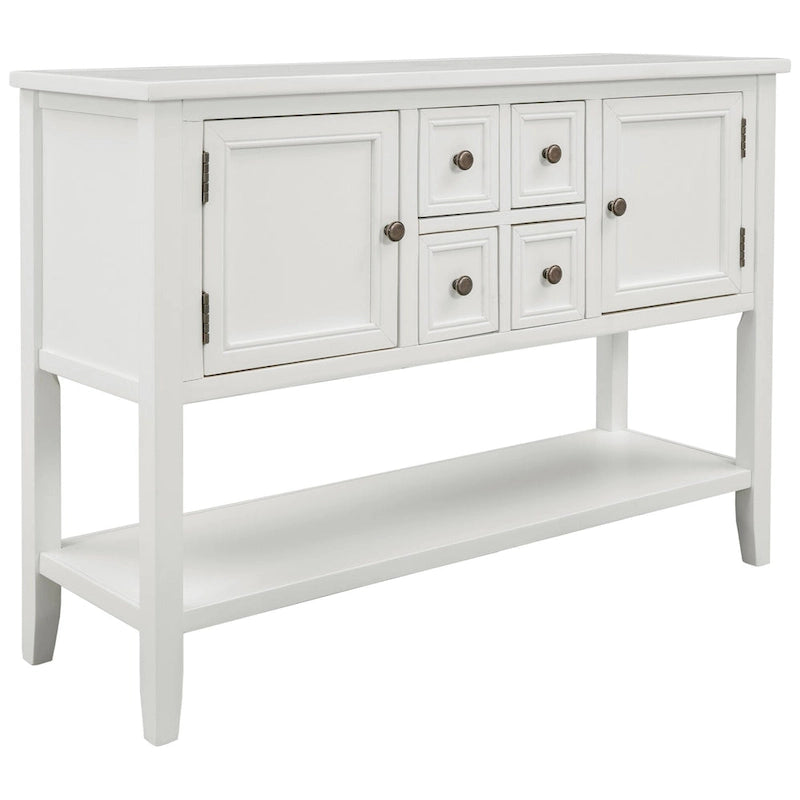 Buffet bahut en bois d'acacia avec 4 tiroirs et 2 placards, couleurs espresso/bleu marine clair/blanc/blanc calcaire/gris antique - usage unique
