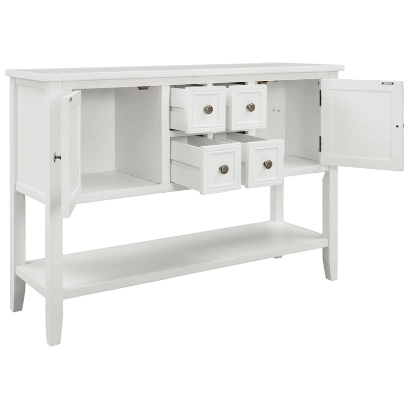 Buffet bahut en bois d'acacia avec 4 tiroirs et 2 placards, couleurs espresso/bleu marine clair/blanc/blanc calcaire/gris antique - usage unique