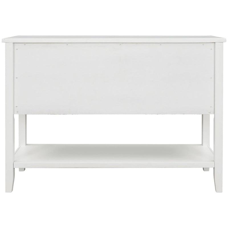 Buffet bahut en bois d'acacia avec 4 tiroirs et 2 placards, couleurs espresso/bleu marine clair/blanc/blanc calcaire/gris antique - usage unique