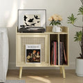 Meuble de platine vinyle en bois naturel et rotin avec rangement vinyles - Utilisation unique