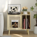 Meuble de platine vinyle en bois naturel et rotin avec rangement vinyles - Utilisation unique