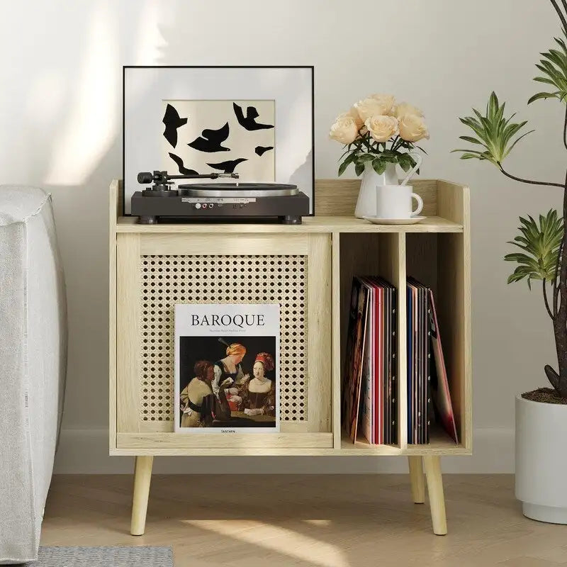 Meuble de platine vinyle en bois naturel et rotin avec rangement vinyles - Utilisation unique