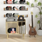 Meuble de platine vinyle en bois naturel et rotin avec rangement vinyles - Utilisation unique