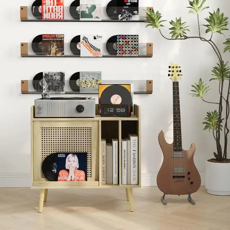 Meuble de platine vinyle en bois naturel et rotin avec rangement vinyles - Utilisation unique