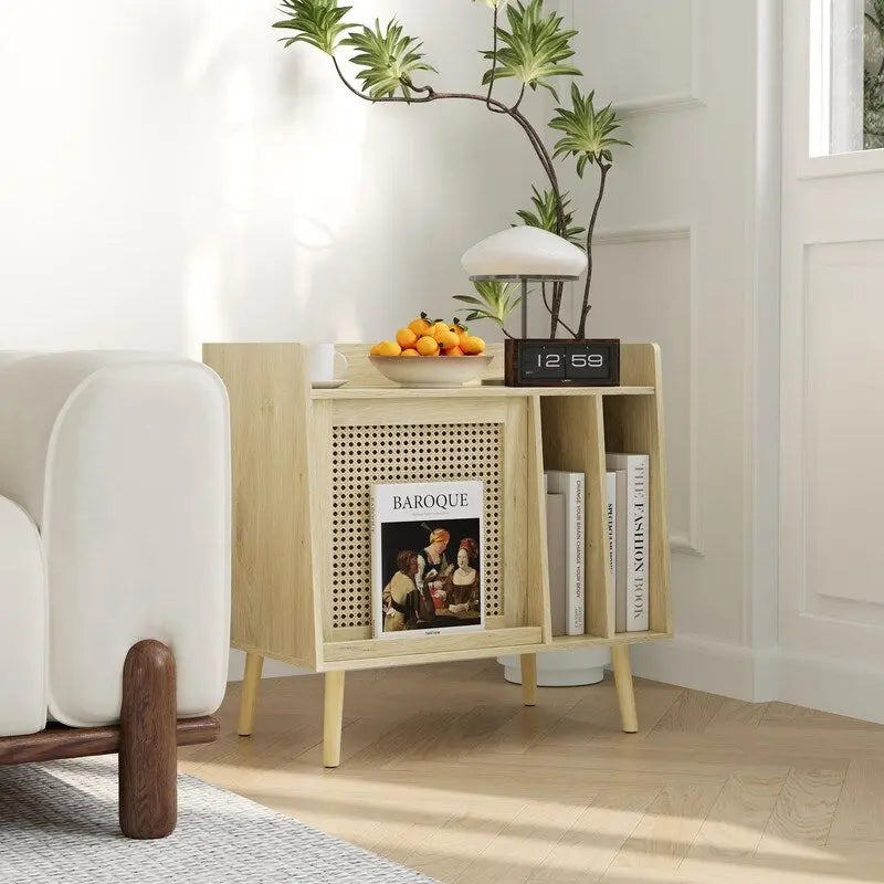Meuble de platine vinyle en bois naturel et rotin avec rangement vinyles - Utilisation unique