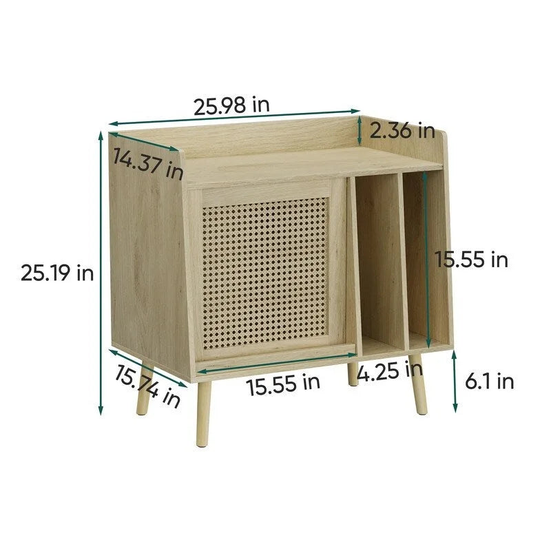 Meuble de platine vinyle en bois naturel et rotin avec rangement vinyles - Utilisation unique