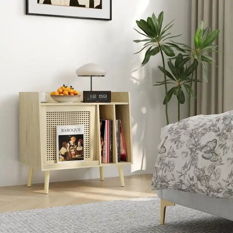 Meuble de platine vinyle en bois naturel et rotin avec rangement vinyles - Utilisation unique