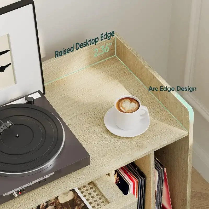 Meuble de platine vinyle en bois naturel et rotin avec rangement vinyles - Utilisation unique