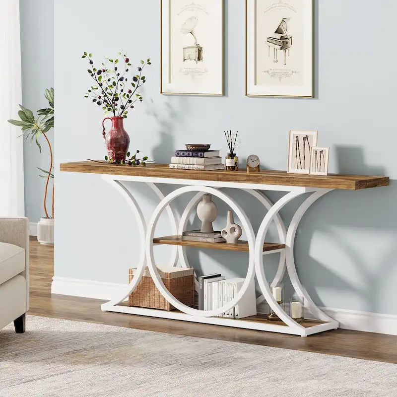 Console Industrielle Rustique Marron & Noire avec 3 Étagères & Cadre en Métal Noir - Usage Unique