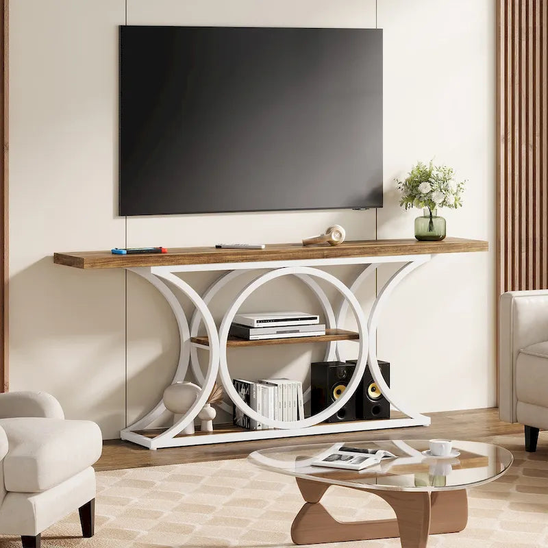 Console Industrielle Rustique Marron & Noire avec 3 Étagères & Cadre en Métal Noir - Usage Unique