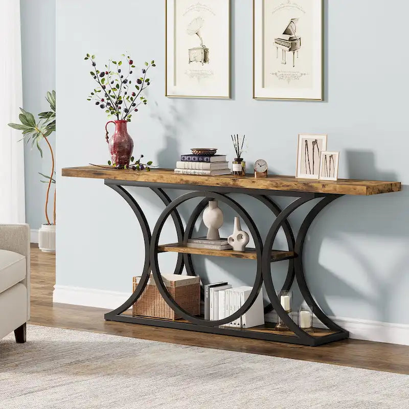 Console Industrielle Rustique Marron & Noire avec 3 Étagères & Cadre en Métal Noir - Usage Unique