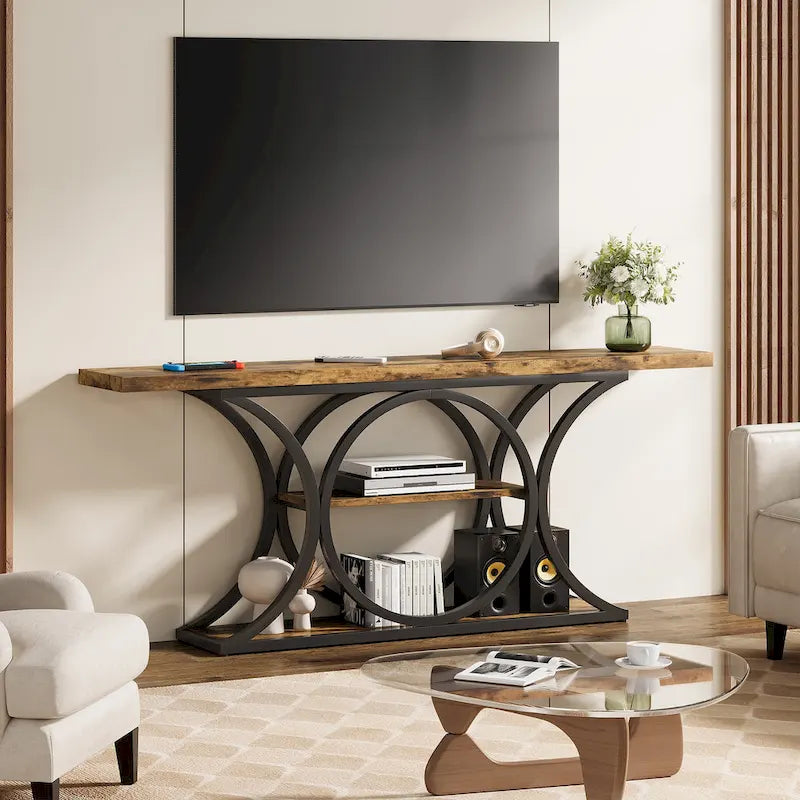 Console Industrielle Rustique Marron & Noire avec 3 Étagères & Cadre en Métal Noir - Usage Unique