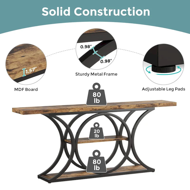 Console Industrielle Rustique Marron & Noire avec 3 Étagères & Cadre en Métal Noir - Usage Unique