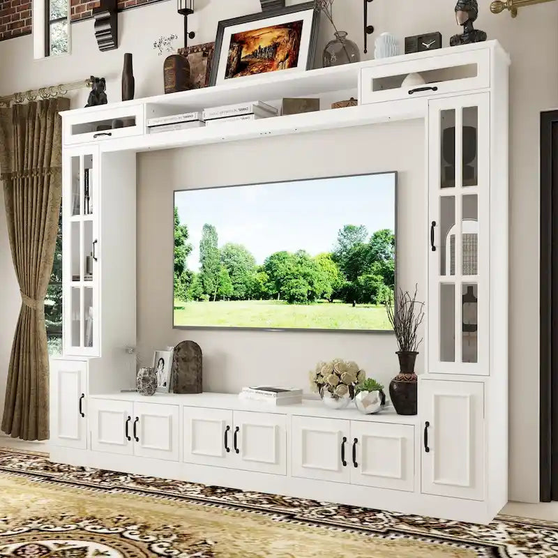 Meuble TV blanc avec portes latérales en verre trempé et éléments hauts hydrauliques - Usage unique