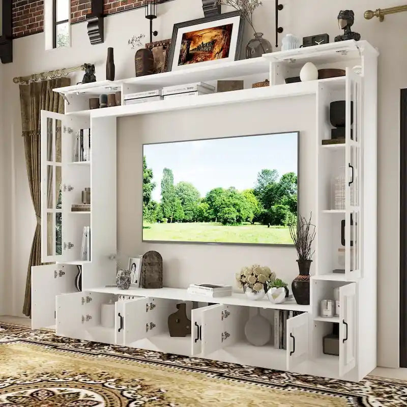 Meuble TV blanc avec portes latérales en verre trempé et éléments hauts hydrauliques - Usage unique