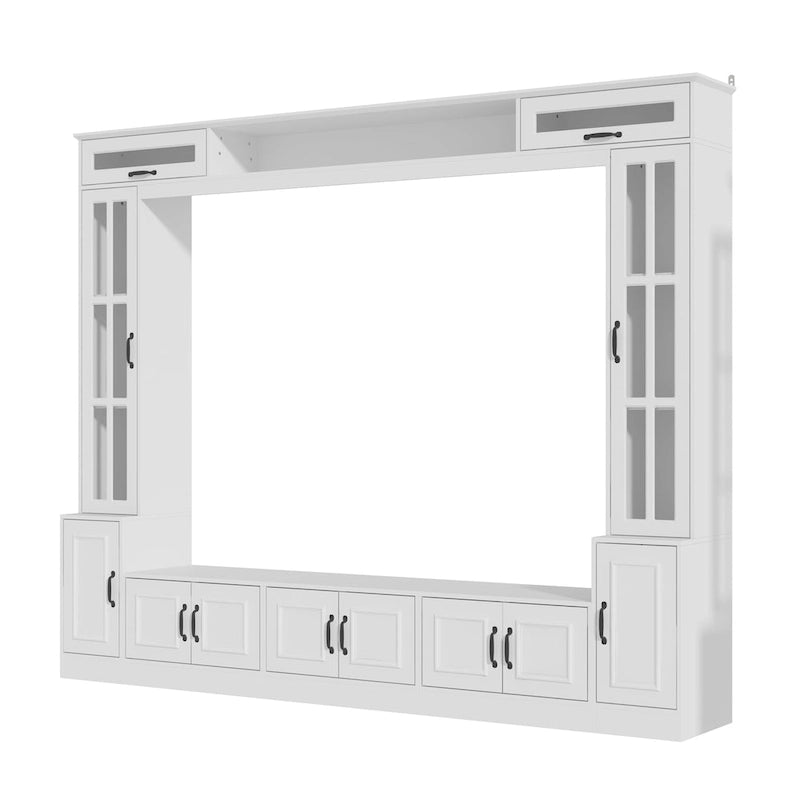 Meuble TV blanc avec portes latérales en verre trempé et éléments hauts hydrauliques - Usage unique