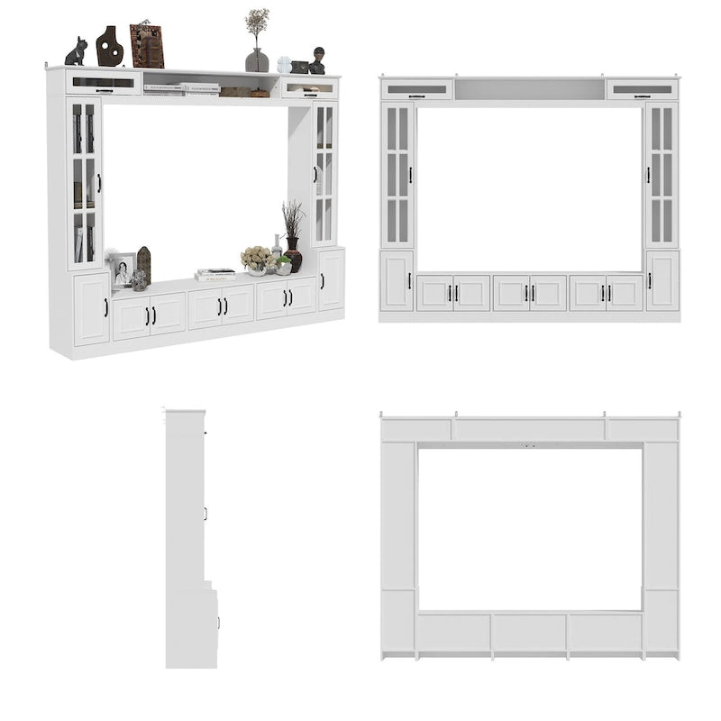 Meuble TV blanc avec portes latérales en verre trempé et éléments hauts hydrauliques - Usage unique
