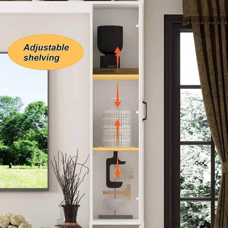 Meuble TV blanc avec portes latérales en verre trempé et éléments hauts hydrauliques - Usage unique