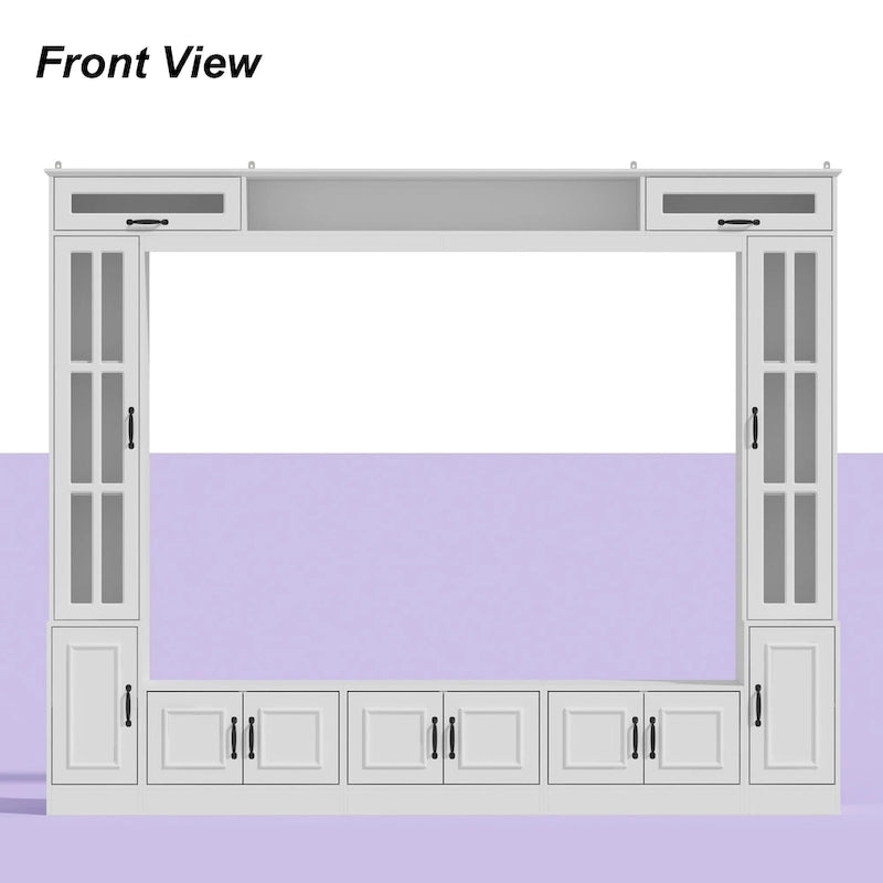 Meuble TV blanc avec portes latérales en verre trempé et éléments hauts hydrauliques - Usage unique
